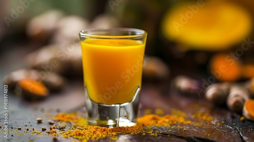 Obraz na płótnie Fresh Turmeric Shot in Clear Glass, Natural Ingredients and Vibrant Color for Health Benefits w salonie