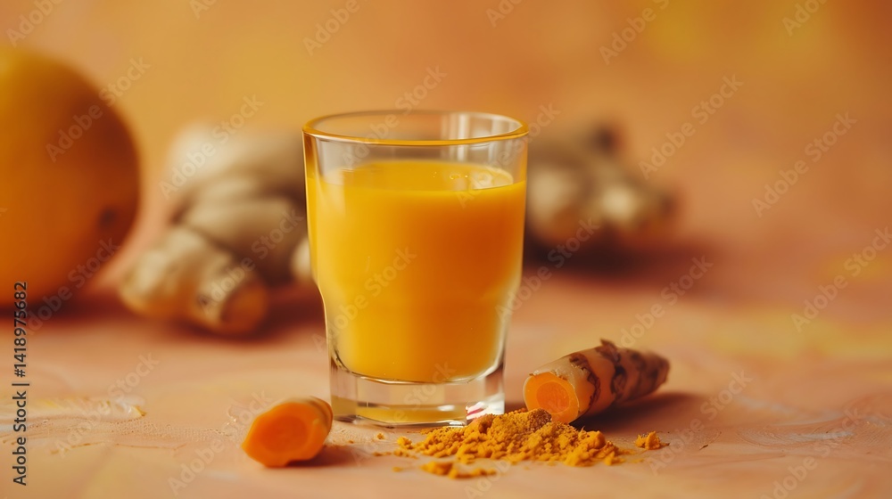 Fresh Turmeric Ginger Juice in Glass with Whole Roots and Powder on Colorful Background