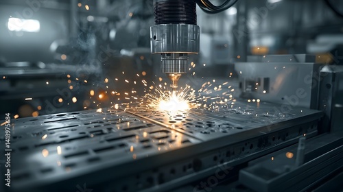 Hyper detailed shot of automated welding in a modern futuristic factory setting showcasing the mechanical precision and dynamic motion of the industrial manufacturing process