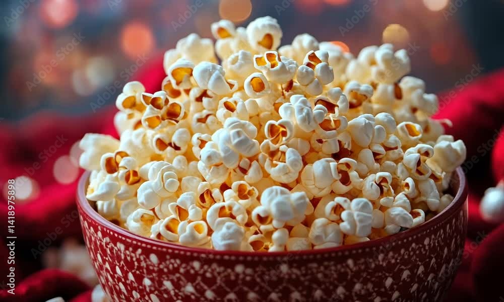 A vibrant bowl of freshly popped popcorn resting on a cozy red blanket, with twinkling lights in the background A vibrant bowl of freshly popped popcorn resting on a cozy red blanket, with twinkling lights in the background