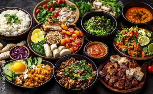 Top view of Asian food bowl with noodles rice curry vegetables and chopsticks on dark textured table