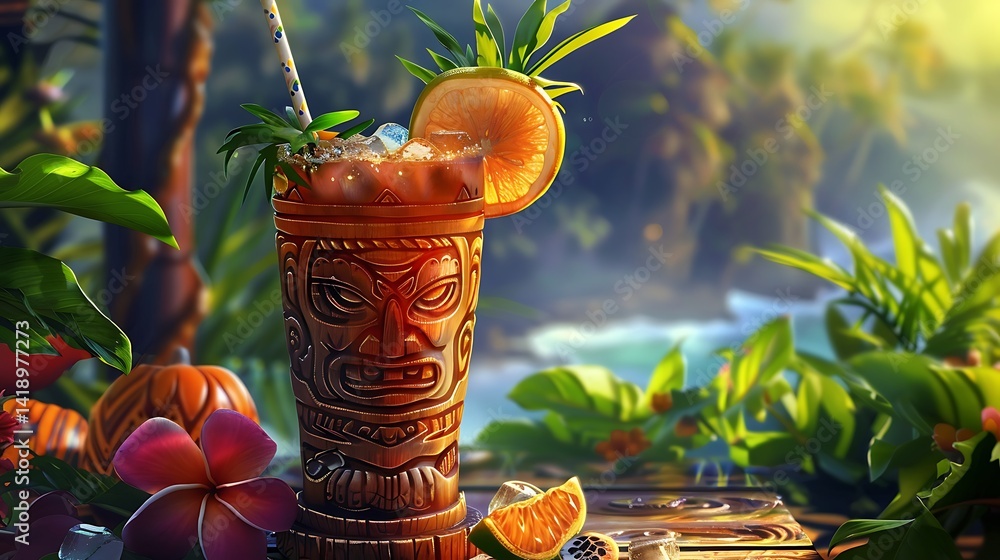 Exotic Tropical Cocktail in Tiki Glass Surrounded by Lush Greenery and Bright Sunlight