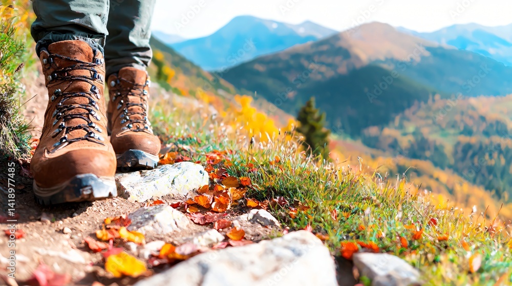 Hiking Boots on Autumn Mountain Trail Scenic Fall Hike Colorful Leaves Hiking Boots on Autumn Mountain Trail Scenic Fall Hike Colorful Leaves