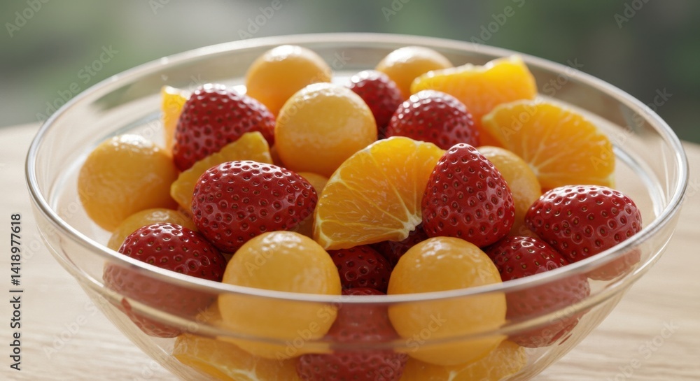 Glass Bowl of Fresh Fruit Salad with Strawberries and Oranges Glass Bowl of Fresh Fruit Salad with Strawberries and Oranges