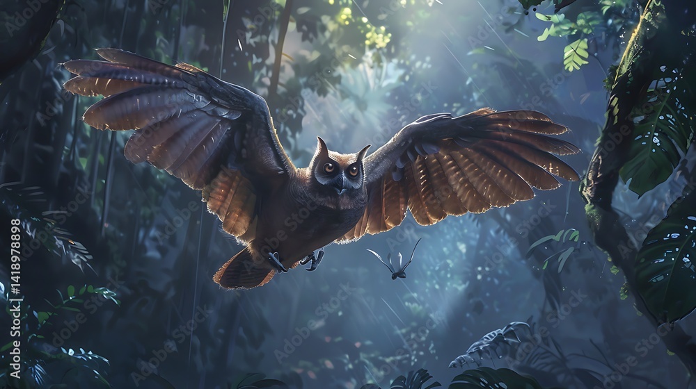 Majestic Owl in Flight Under a Lush Canopy of Greenery with Sunlight Streaming Down