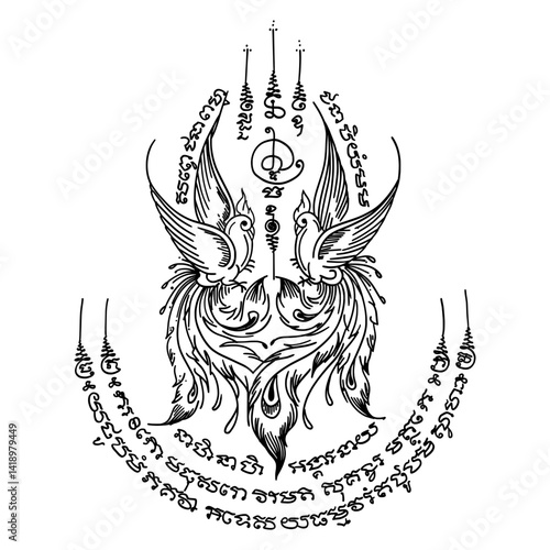 Thai traditional Tattoo. a pair of sarika birds. Thai text translation: brings good fortune and luck by attracting positive opportunities.