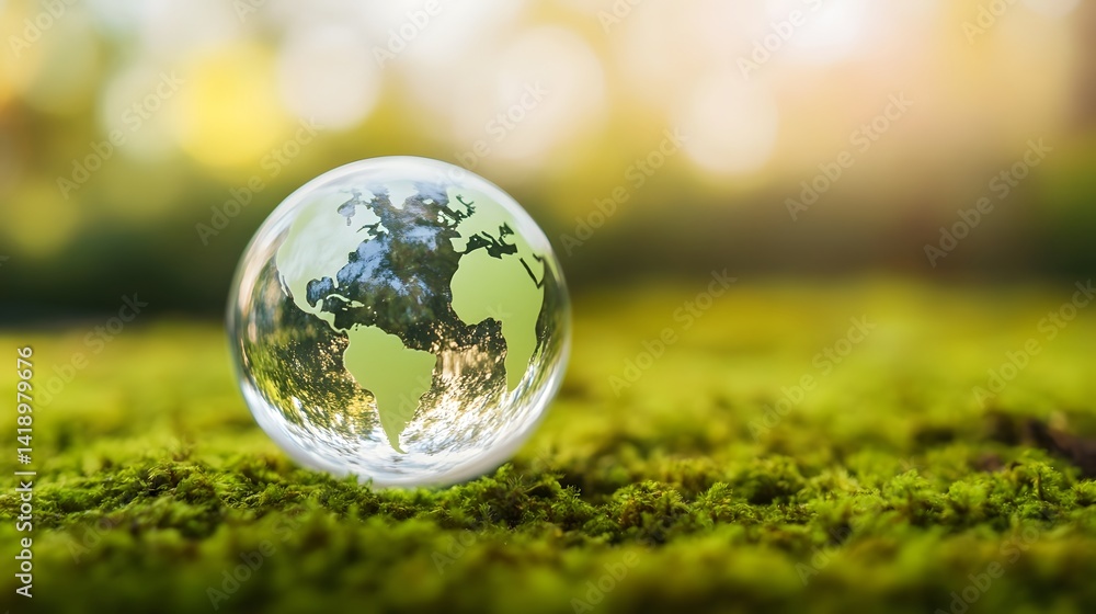 Transparent Globe Resting on Lush Green Moss, Symbolizing Global Environmental Conservation Transparent Globe Resting on Lush Green Moss, Symbolizing Global Environmental Conservation
