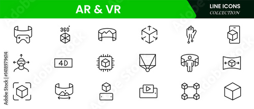 Augmented Reality icon element sets. Includes Virtual Reality, View, Cctv, Headphone, and More. Outline icons vector collection.