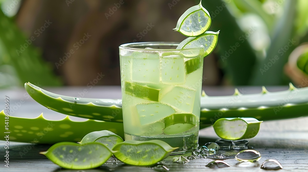 Refreshing Aloe Vera Drink with Fresh Green Leaves in a Clear Glass on Wooden Table