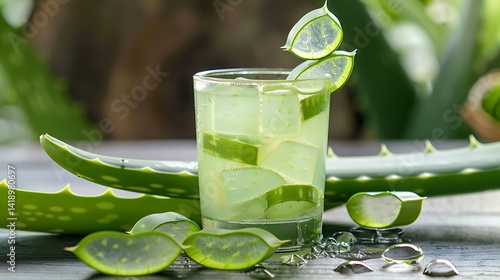 Obraz na płótnie Refreshing Aloe Vera Drink with Fresh Green Leaves in a Clear Glass on Wooden Table w salonie