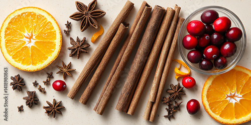 Fototapeta Naklejka Na Ścianę i Meble -  festive holiday baking spices flat lay