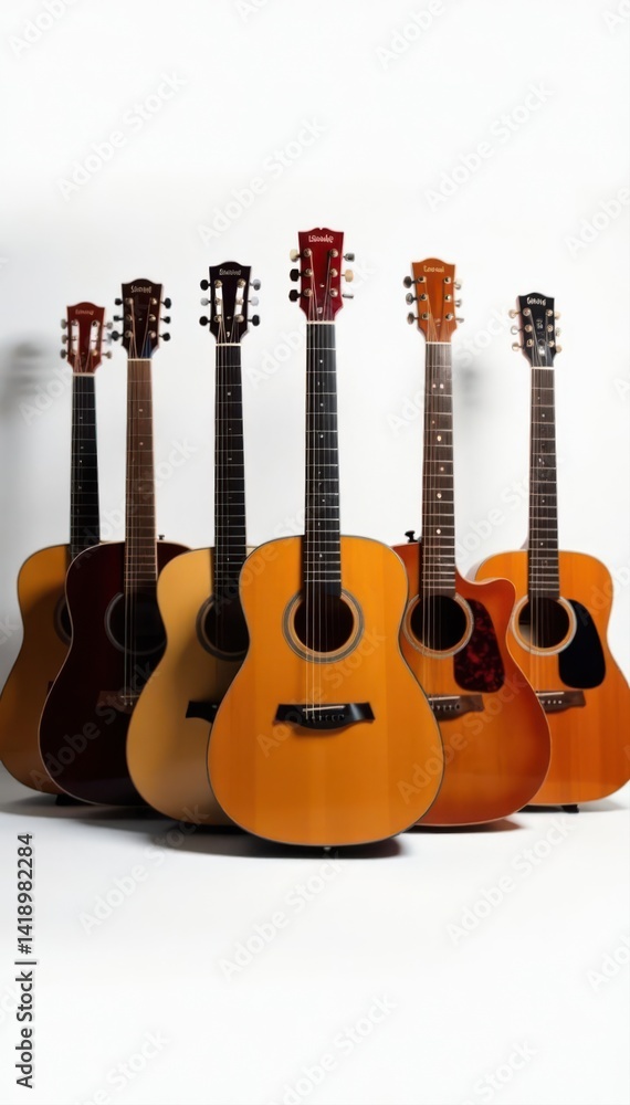Fototapeta premium Six acoustic guitars, various wood tones, pristine white backdrop, set, detail
