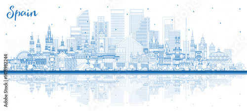Outline Spain City Skyline with Blue Buildings. Modern and Historic Architecture. Spain Cityscape with Landmarks. Madrid. Barcelona. Valencia. Seville. Zaragoza.