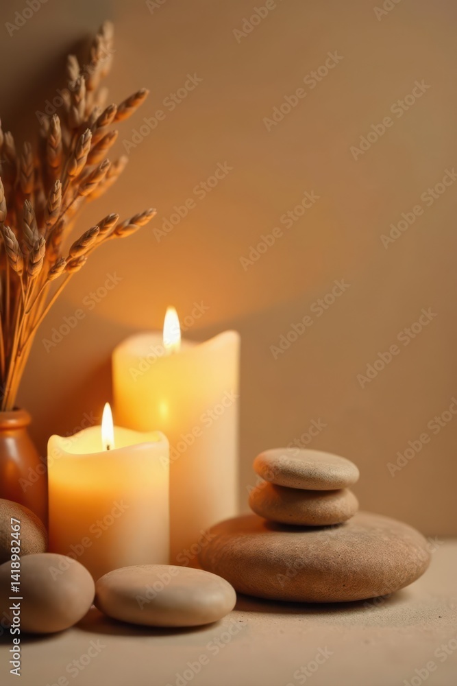 Warm candlelight illuminates beige backdrop, dry flowers & stones Spa-like setting , comfort, warmth, meditation Warm candlelight illuminates beige backdrop, dry flowers & stones Spa-like setting , comfort, warmth, meditation