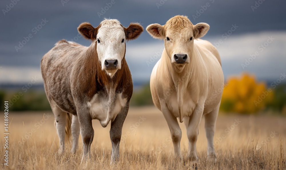 Two cows in a field, facing forward Two cows in a field, facing forward
