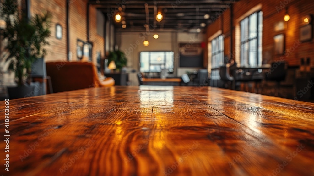 Empty wooden table in rustic cafe; city view