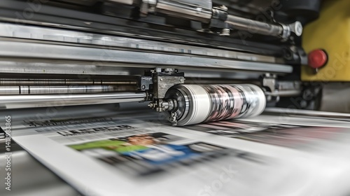 Close up perspective showcasing the intricate workings of an advanced printing press as it efficiently rolls out printed pages
