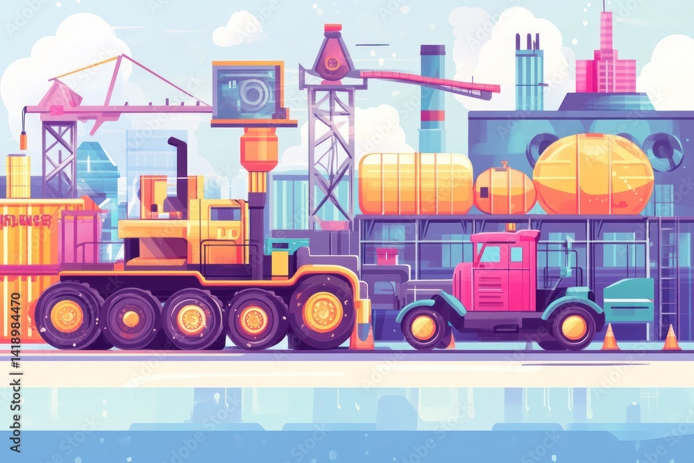 Industrial landscape with heavy machinery, trucks, cranes, and factory buildings. Industrial landscape with heavy machinery, trucks, cranes, and factory buildings.