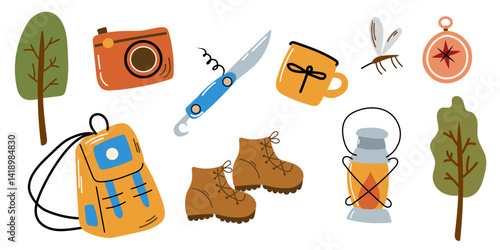 Camping and Campfire Set with Camera, Tree, Multitool Knife, Mug, Mosquito, Compass, Backpack, Lamp, Hiking Boots, and Outdoor Essentials for Wilderness Adventures