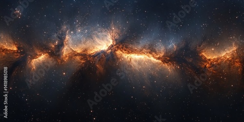 Fototapeta Naklejka Na Ścianę i Meble -  Panoramic cosmic nebula with glowing stars and celestial clouds wide-angle deep space environment