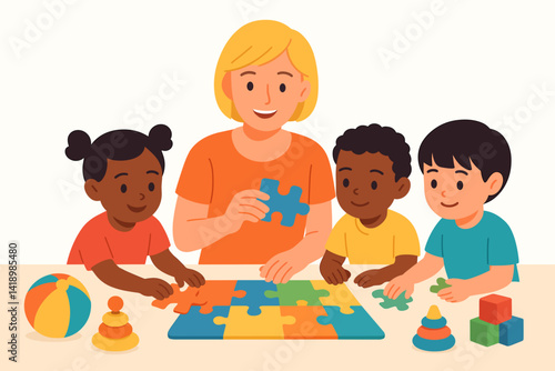 childcare worker engaging children in puzzle play at preschool  
