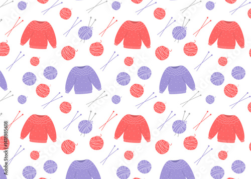 Seamless knitting pattern with red and purple sweaters, yarn balls, and needles. Cozy vector background with hand drawn craft elements for winter or DIY design themes.