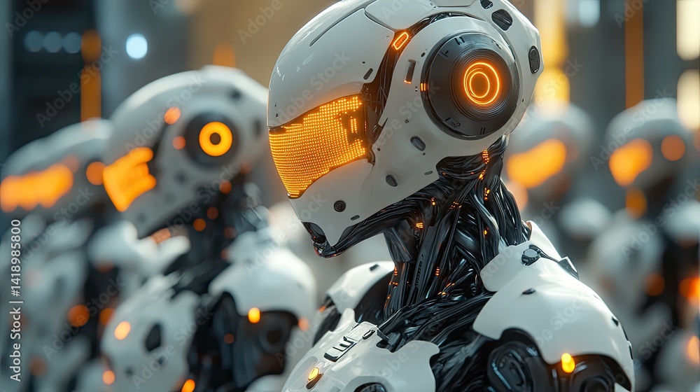 Fototapeta premium Futuristic robots in a line, showcasing advanced technology.