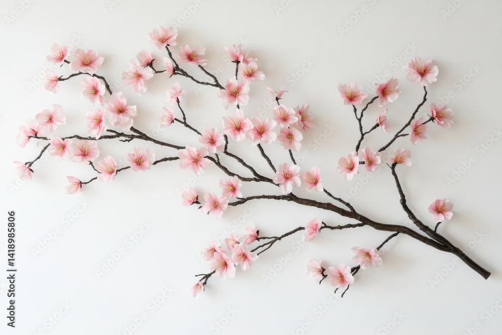 Close up of a flowering branch against a plain white surface backdrop Close up of a flowering branch against a plain white surface backdrop