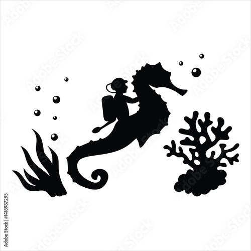 Scuba diver riding a seahorse whimsical
