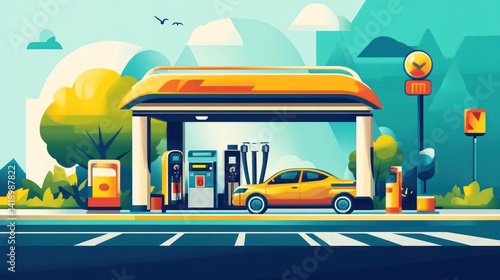 Yellow car at a modern gas station with electric charging stations, under a bright sunny sky.
