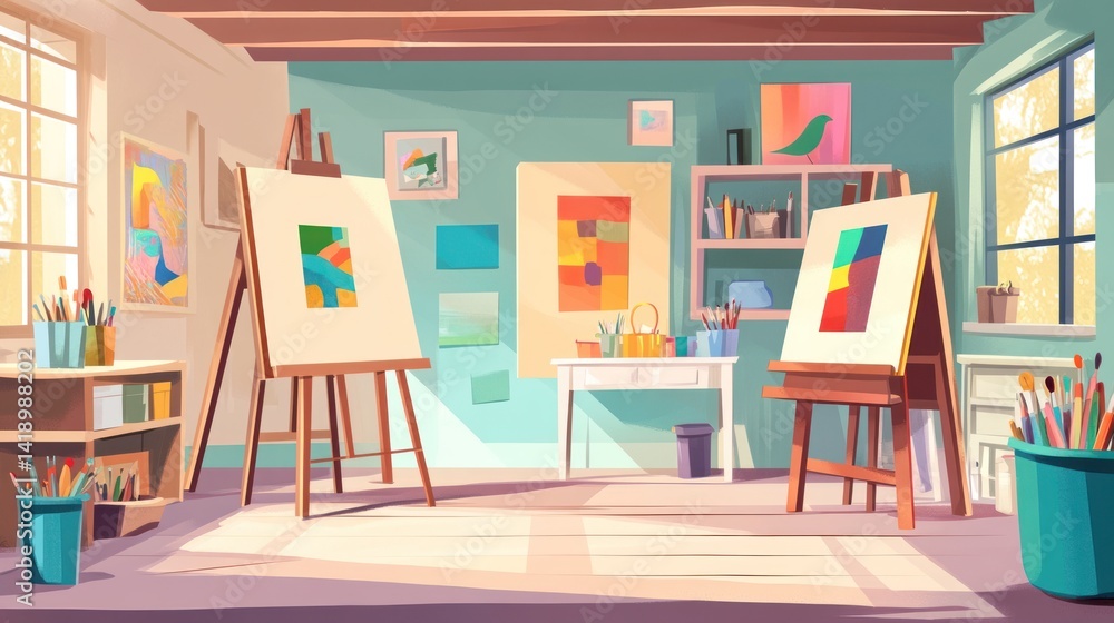 Sunlit artist's studio interior with easels, paintings, and art supplies. (1) Sunlit artist's studio interior with easels, paintings, and art supplies. (1)