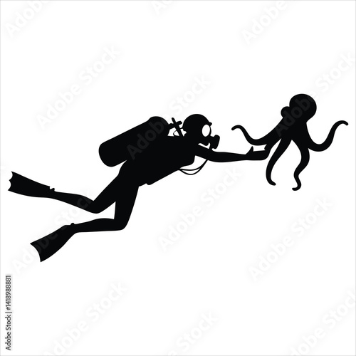 octopus wrapping around a scuba diver comic style