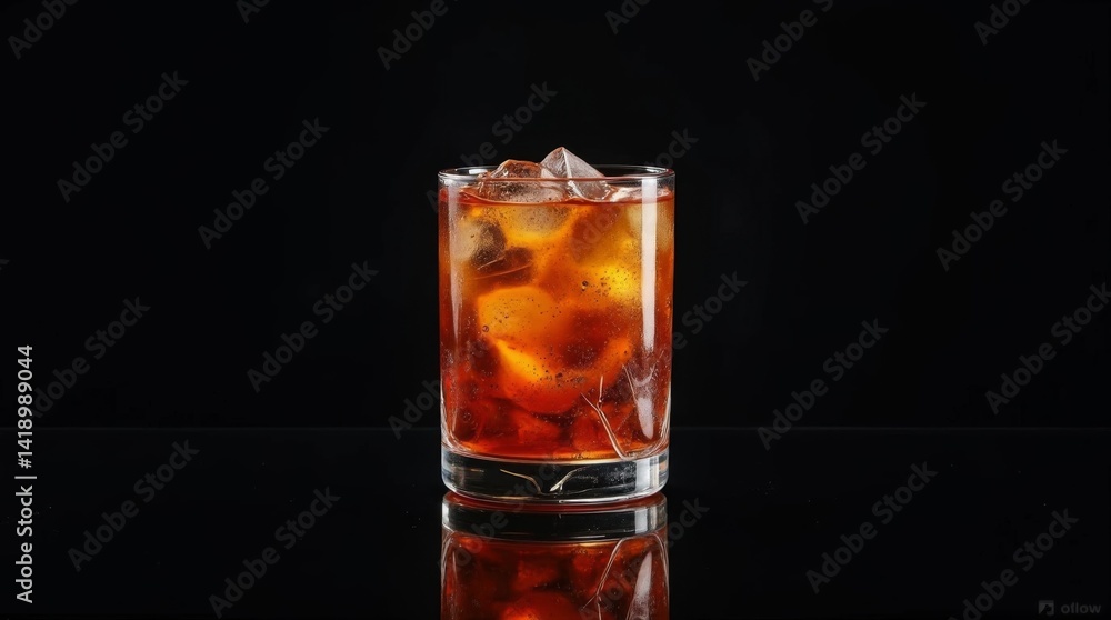 glass of aperol with ice on the black background glass of aperol with ice on the black background
