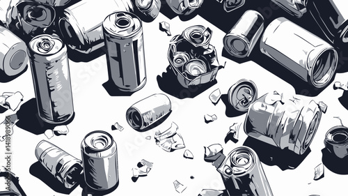 A high-contrast monochrome illustration shows a streak of discarded batteries and shattered electronic components. The image is rendered in an almost graphic novel-like style.