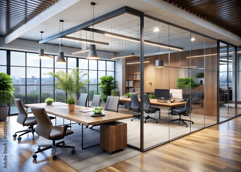 Modern Office Interior With Open Workspace And Glass Walls Modern Office Interior With Open Workspace And Glass Walls