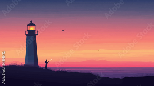 This digital illustration shows a stylized silhouette of a lone figure holding a firework stick, standing next to a lighthouse with a colorful sunset in the background.