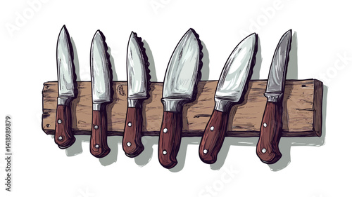 digital illustration depicts six kitchen knives, each with a different blade shape and size but a consistent design, magnetically attached to a rustic wooden strip.