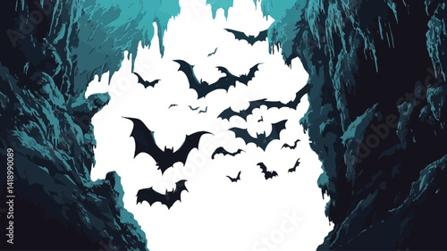 A stylized vector illustration of a flock of bats flying in a deep, dark cave. The colors are mainly turquoise and dark blue.