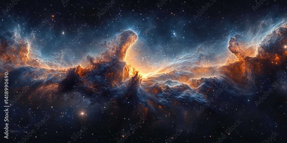 Giant glowing nebula with orange and blue clouds and expansive starfield panoramic space scene digital art Giant glowing nebula with orange and blue clouds and expansive starfield panoramic space scene digital art