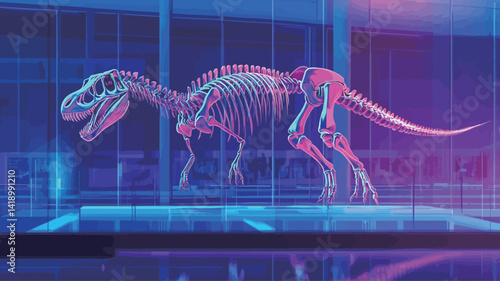 This image shows a detailed digital rendering of a Tyrannosaurus Rex skeleton displayed in a modern transparent display case. The skeleton is painted in a bright pink hue.