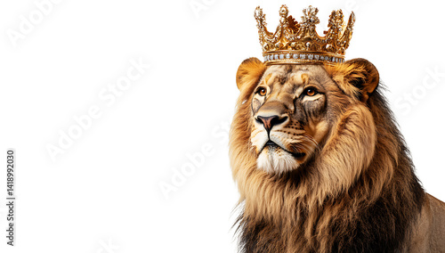 Majestic lion wearing a golden crown isolated on a transparent background