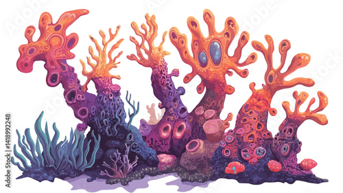 digital painting of a stylized coral reef. The work features multiple anthropomorphic coral forms in a painterly style with rich details. Color scheme.