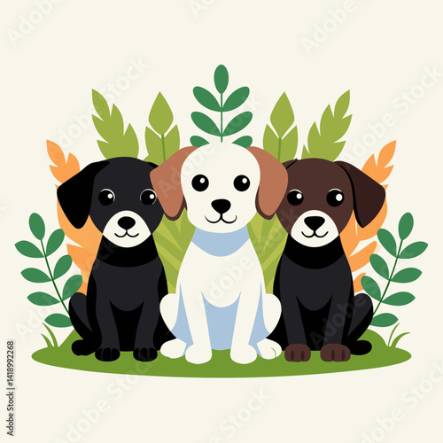 Cute Puppy Illustration with Three Dogs Sitting Together