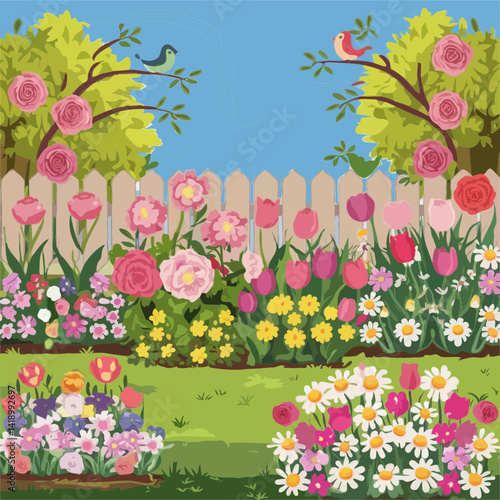 Colorful Cartoon Flower Garden in a Sunny Backyard with Birds and Wooden Fence Under Blue Sky