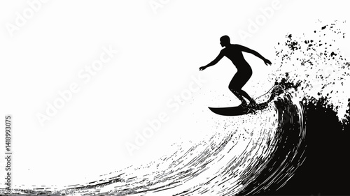 This high-contrast monochrome image depicts the stylized silhouette of a surfer riding a wave. The surfer is rendered in pure black against a white background, creating a strong visual impact.