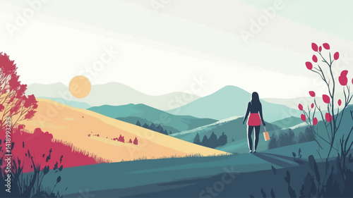 A stylized digital painting depicts a woman standing on a gently sloping hillside overlooking a picturesque view. The color palette consists primarily of warm yellows and oranges.