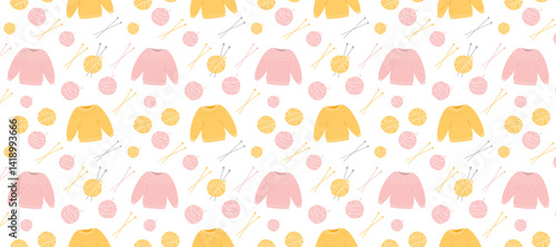 Seamless vector pattern with hand drawn sweaters, yarn balls, and knitting needles. Cozy knitting background in pastel colors. Decorative textile and craft design for fabric and wrapping.