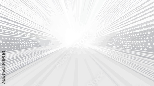 The image features a high-key, monochrome composition dominated by radiating white lines emanating from a central vanishing point. These lines create a strong sense of depth.
