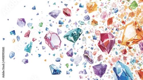 The image features a dynamic composition of numerous gemstones of varying shapes and sizes, rendered in a range of vibrant colors. The gemstones appear to have been digitally composited.