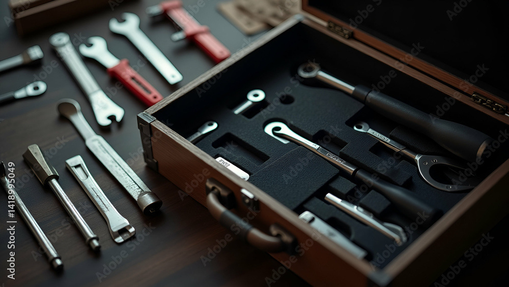 Fototapeta premium Open Toolbox with Organized Tools: Precision, Durability & Craftsmanship - Stock Photo Concept with Empty Space for Text
